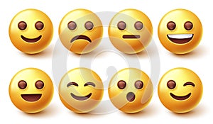 Emoji smileys character vector set. Smiley yellow emoticon happy, sad, fun and cute face collection isolated in white background.