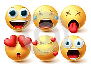 Emoji smileys in love face vector set. Smileys emoticon happy, in love and amaze facial expressions