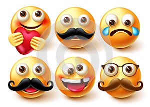 Emoji smileys vector character set. Smiley 3d emoticon in happy and crying emotion with elements like moustache and heart.