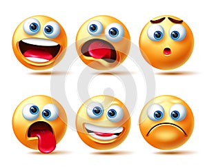 Emoji smileys vector set. Smiley 3d emojis characters in happy, shocked and sad emotion isolated in white background for emoticons