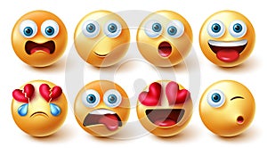 Emoji smileys vector set. Smiley emoticon characters with cute, funny and happy facial expressions in yellow icon for face.