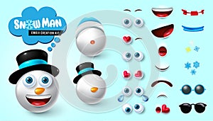 Emoji snowman creator vector set. Smiley snow man xmas 3d kit with editable facial reaction of cute, friendly and happy.