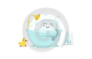 Emoji sticker robot is taking bathin in the bathroom. Very cute picture rest, exfoliation foam shampoo. Break for rest