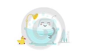Emoji sticker robot is taking bathin in the bathroom. Very cute picture rest, exfoliation foam shampoo. Break for rest photo