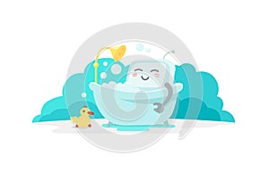 Emoji sticker robot is taking bathin in the bathroom. Very cute picture rest, exfoliation foam shampoo. Break for rest