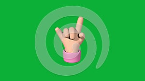 Emoji style rock on hand gesture animation isolated on chroma key green screen. Stylized heavy metal gesture 3D render in 4k.