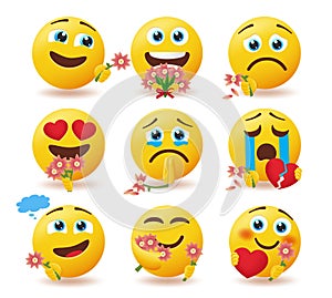 Emoji suitor characters vector set. Emoticons admirer smileys holding and giving flowers with happy and sad expression. photo