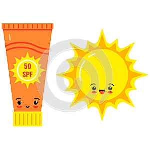 Emoji sunscreen bottle and cute sun vector icon isolated on white background.