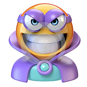Emoji super villain, emoticon masked as evil character, 3d rendering
