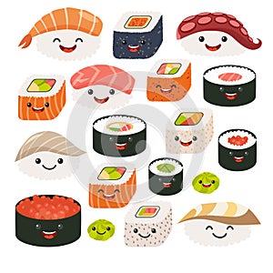 Emoji sushi characters. Cartoon japanese food. Vector set sushi cartoon characters. photo