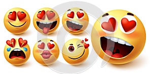 Emoji valentines vector set. Smiley emojis yellow face in heart eyes with different facial expression