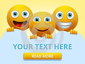 Emoji vector background template. Emoji with text in clouds blue frame with cute emojis face. Vector realistic.