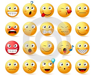 Emoji vector icon set. Smiley face or yellow emoticons with various facial expression