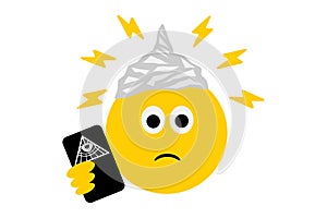 Emoji wearing tin foil hat, carrying phone with all seeing eye icon, conspiracy theory