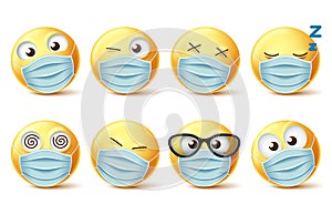 Emojis face mask vector emoticon set. Emoji faces with covid-19 face mask and facial expressions photo