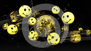 Emojis icons with facial expressions smile yellow face ball with water splash. Social media concept
