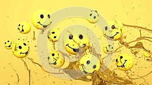 Emojis icons with facial expressions smile yellow face ball with water splash. Social media concept