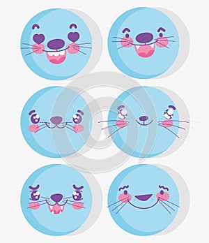 Emojis kawaii cartoon expression blue aminal faces set