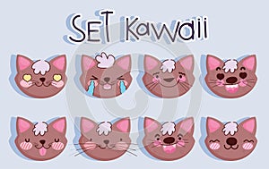 Emojis kawaii cartoon faces brown cat set