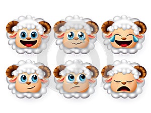 Emojis lamb vector set. Emoticon and icon of sheeps and lambs head face with curly white hair in mood.