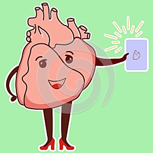 Emojis of the Physiological heart. A cute cardiology character holds a book in his hand.