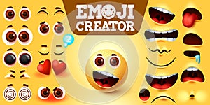 Emojis smiley creator happy vector set. Emoji maker character kit with editable facial expressions