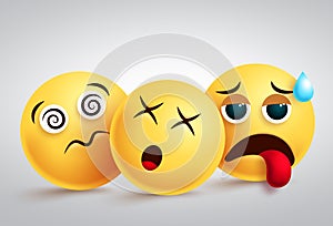 Emojis tired and disappointed vector design. Emoji or emoticon group character in dizzy, tired and upset facial expressions. photo