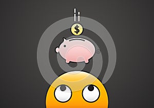 Emoticon character head looking at a coin falling into a piggybank. Vector illustration for investing, saving money and rewards