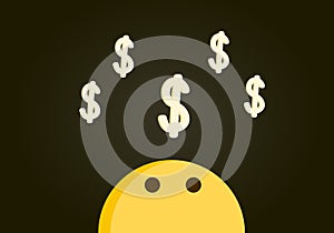 Emoticon character head looking at a stack of dollar signs flying above his head. Vector illustration with a dark background