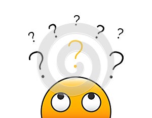 Emoticon character person head looking up at a stack of question marks. Vector illustration design with transparent background photo