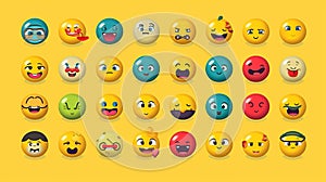 Emoticon, Emoji big set with faces and animals. Happy holiday and laughing emoticons