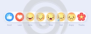 Emoticon emoji reactions. Social chat message mood buttons. Thumb up, love heart and haha, yay. Wow, sad and angry
