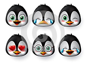 Emoticon or emojis penguin face vector set. Penguins emoji animal faces with in love, crying, laughing, cute and hungry facial.