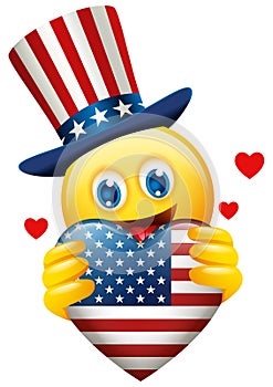 Emoticon face wears Uncle Sam hat holding the heart shape of USA insignia