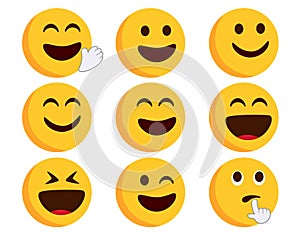 Emoticon flat smileys vector set. Emoticons character in happy, smiling and laughing expressions with hand gestures of waving.