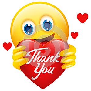 Emoticon holding heart symbol with Thank You message