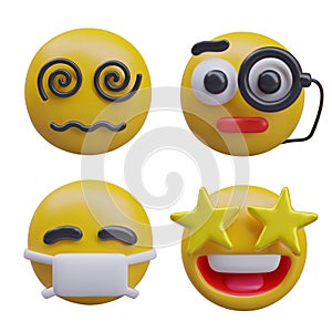Emoticon with hypnotic reaction, face with white mask, with magnifying glass and star eyes