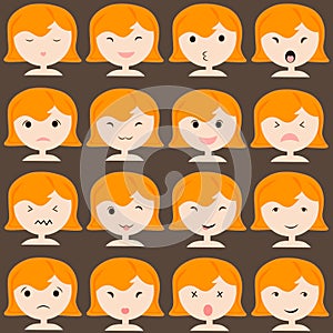 Emoticon icons set of cute girl with various emotions, emoji, facial, feeling, mood, personality, symbol