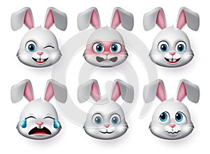 Emoticon rabbit face vector set. Rabbit or bunny emojis and emotions animal face with angry, crying, scared and cute faces.