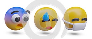 Emoticon with scary, upset, and sick reaction. Emoji with face in yellow and blue colors
