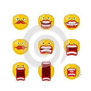 Emoticon set. Open mouth and teeth. Crazy Emoji. Emotion screams