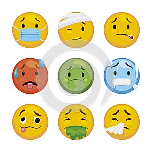 Emoticon Set to Express Sickness and Uncomfortable Situations, Vector Illustration