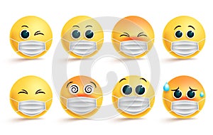 Emoticon smiley face mask vector set. Smiley emoji or icon coronavirus covid-19 in surgical mask with different facial expression.