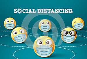 Emoticon smiley social distancing with face mask vector sign.