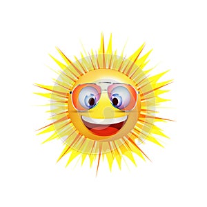 Emoticon smiling. Cartoon sun smiling with trend sunglasses. Vector 3d illustration