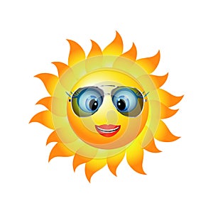 Emoticon smiling girl. Cartoon sun smiling with trend sunglasses. Vector 3d illustration