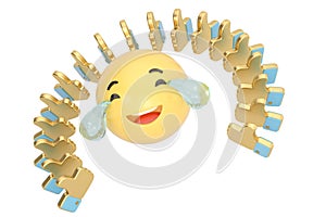 Emoticon with tears of joy and gold like symbol array.3D illustration.