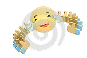 Emoticon with tears of joy and gold like symbol array.3D illustration.