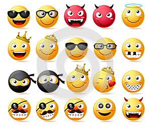 Emoticon vector set. Smiley face and yellow emoji of king and queen wearing crown, ninja and bearded pirate photo
