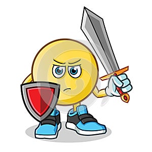 Emoticon warior holding sword and shield mascot vector cartoon illustration